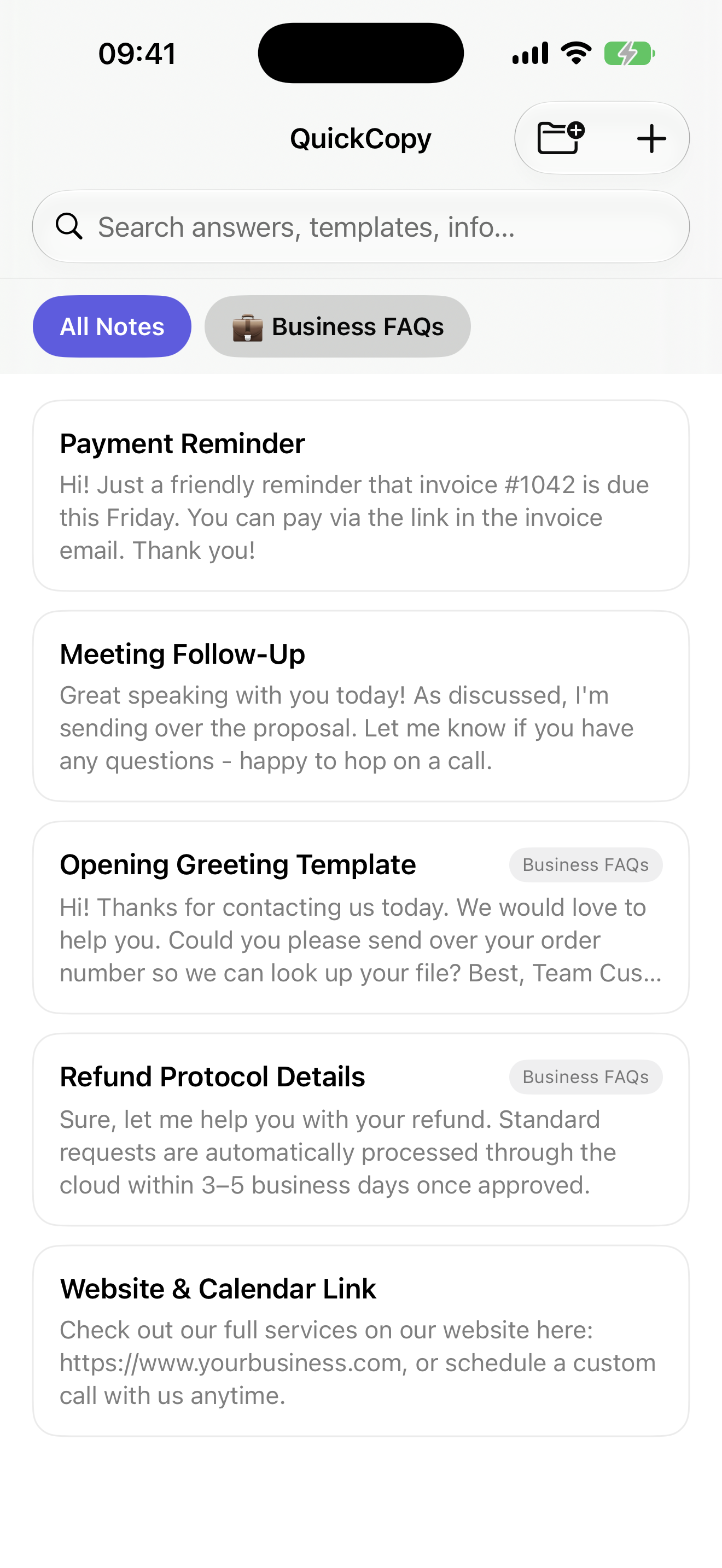 QuickCopy app showing saved snippet folders and notes