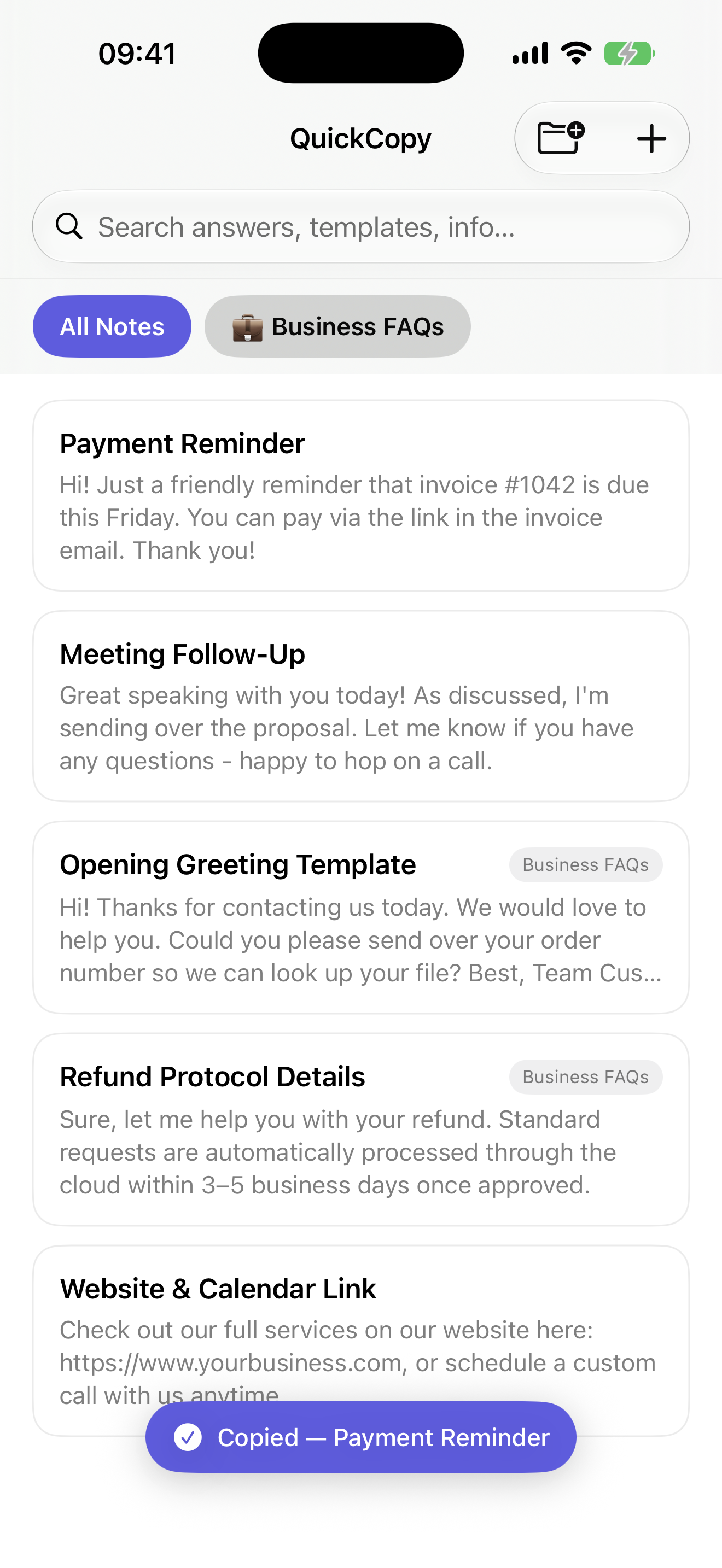 QuickCopy confirming a note was copied