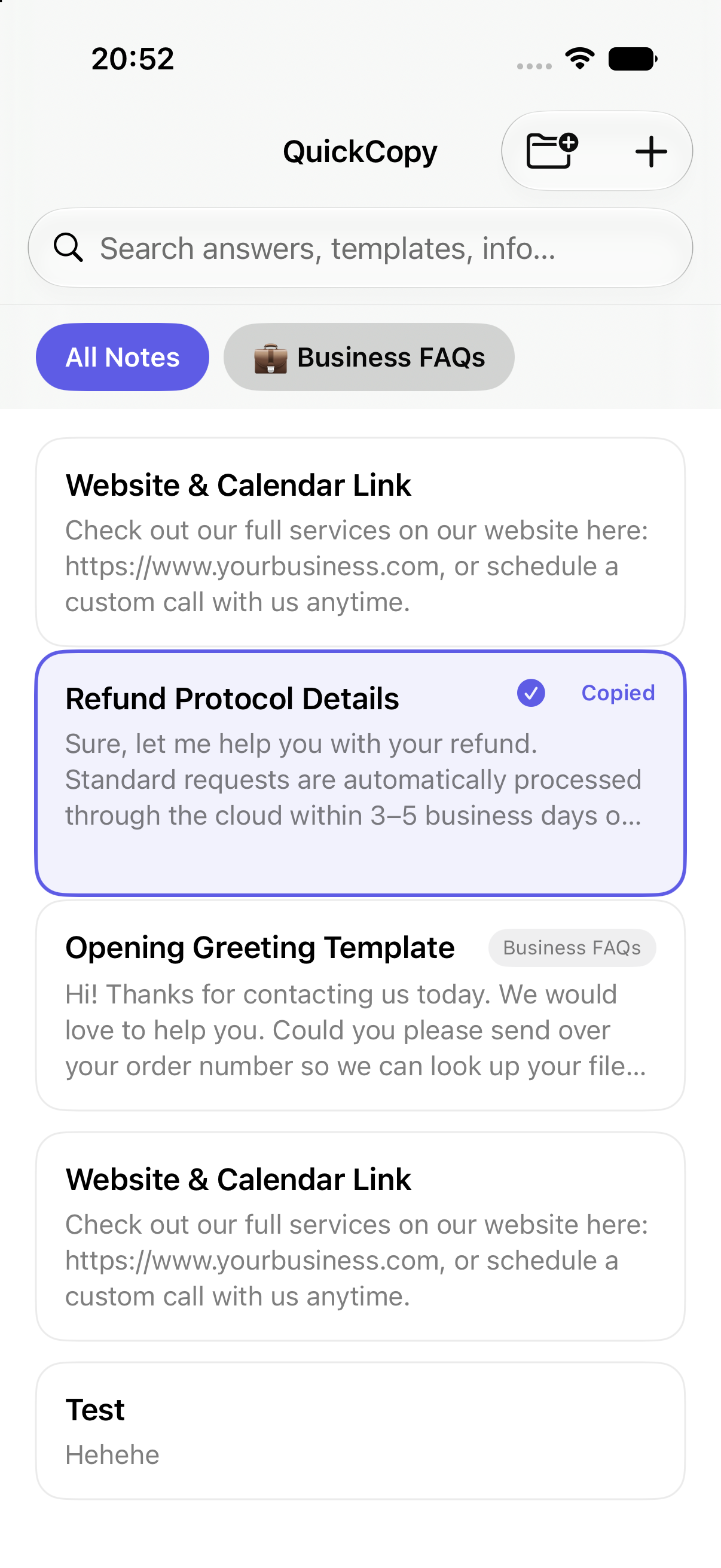 QuickCopy showing a copied confirmation on the Refund Protocol Details card