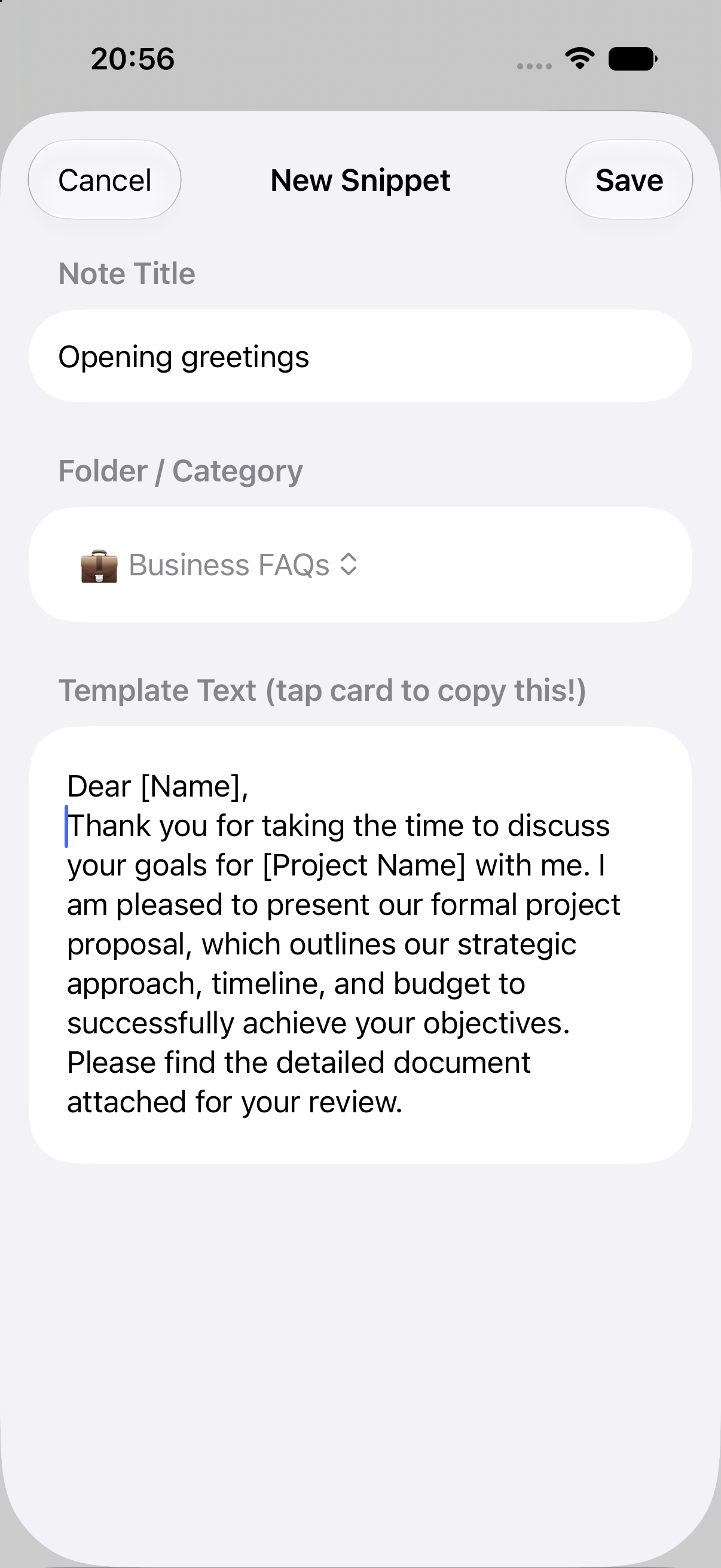 Creating an Opening greetings snippet in QuickCopy